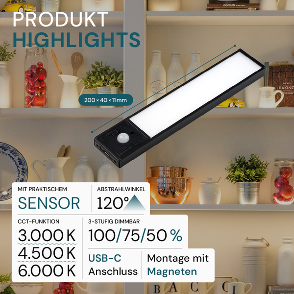 LED-Leuchte mit Sensor, 200 x 40 x 11 Millimeter, 120 Grad Abstrahlwinkel, USB-C Anschluss und magnetischer Montage