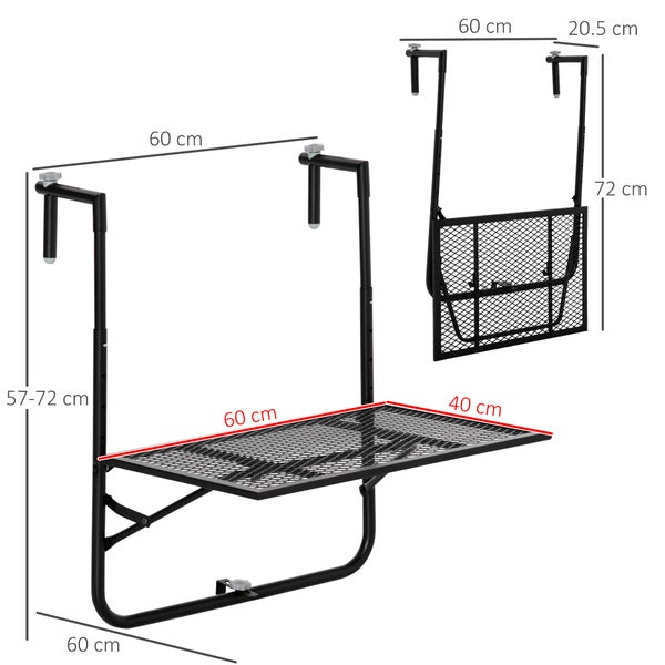 Outsunny Balkonhängetisch klappbar 4-fach höhenverstellbarer Hängetisch aus Metall wetterfest Balkontisch Beistelltisch Klapptisch für Balkon-& Terrassengeländer Tisch zum Einhängen 60x40 cm Schwarz