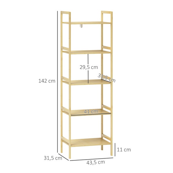 HOMCOM Badregal, Badezimmerregal mit 5 Ebenen, Aufbewahrungsregal aus Bambus, Standregal mit verstellbaren Regalböden für Badezimmer, Wohnzimmer, Küche, 43,5 x 31,5 x 142 cm, Naturholz