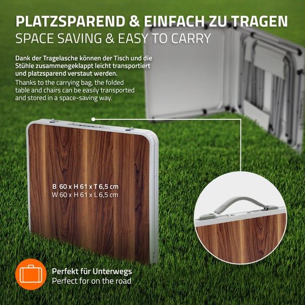 ECD Germany Campingtisch Set mit 4 Hocker, 120x60x55/63/70 cm höhenverstellbar, klappbar, Holzdekor, aus Aluminium und MDF, Campingmöbel Set Klappmöbel Klapptisch Falttisch Gartentisch mit 4 Stühle