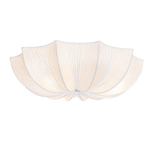 Weiße Deckenleuchte mit plissiertem Stoffschirm in Blütenform.