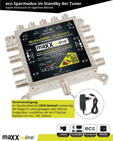 Multischalter 8 Teilnehmer & 1 Satellit, Quad- & Quattro LNB tauglich, kein Netzteil notwendig, DVB-S Multiswitch 5/8 mit eco Sparmodus