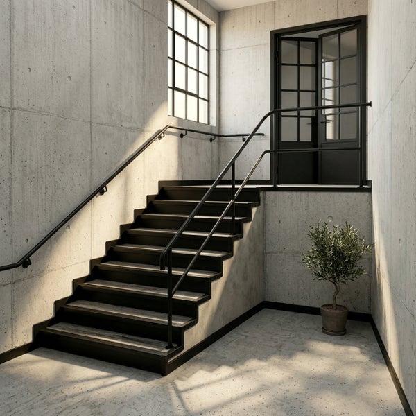 Moderne Treppe mit schwarzem Metallrahmen, Holzstufen und Handläufen in industriellem Raum mit Sichtbetonwänden, Fenster und Glastüren.