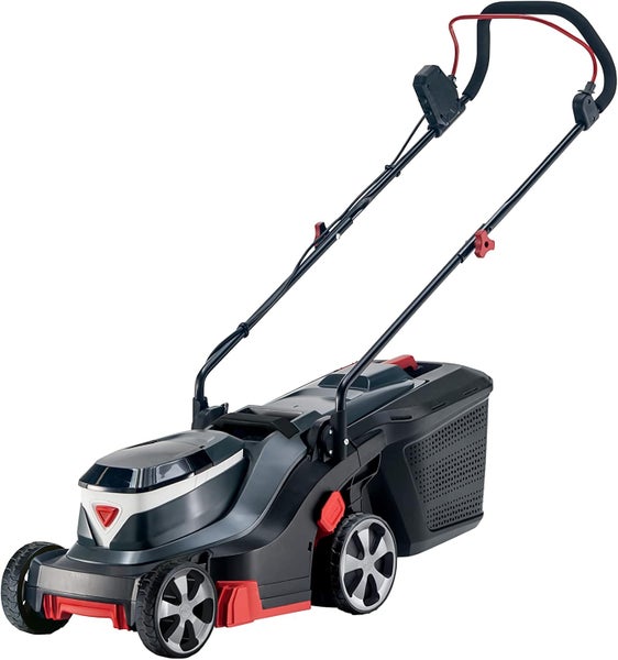 Akku-Rasenmäher mit Grasfangbox und ergonomischem Führungsholm.