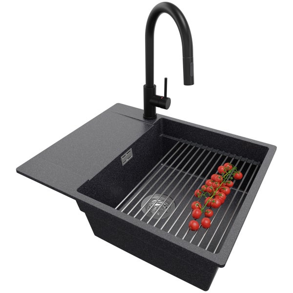 PRIMAGRAN Granitspüle Anthrazit 62x50cm, Spülbecken 1 Becken + Küchenarmatur 40x20cm + Ablauf-Set + Aufrollbare Abtropffläche, Küchenspüle ab 50er Unterschrank - San Francisco