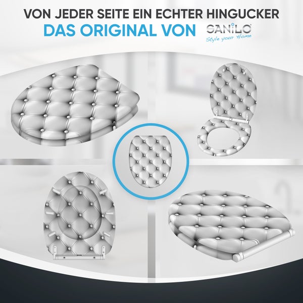 Sanilo Toilettensitz mit dekorativer Knopfheftung in Lederoptik Ansicht aus verschiedenen Perspektiven.