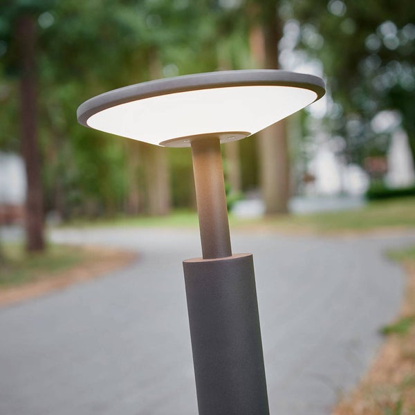 Moderne LED-Wegleuchte für den Außenbereich mit flachem, rundem Kopf beleuchtet einen Gartenweg.