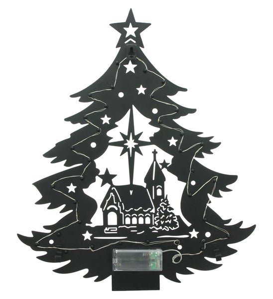 Dekorative Weihnachtsbaum Silhouette mit Beleuchtung und Kirchenszene