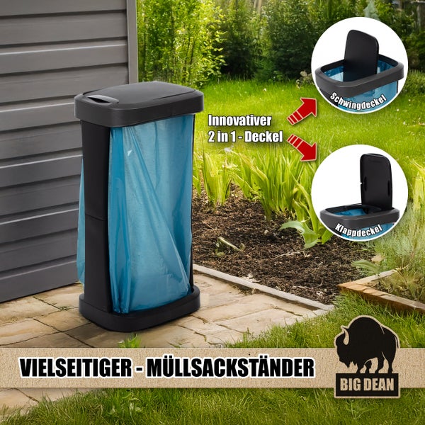 Müllsackständer von Big Dean mit innovativem 2 in 1 Deckel für Schwing- oder Klappfunktion im Garten.