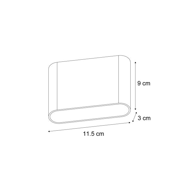 Maßskizze einer Wandleuchte mit den Maßen 11,5 Zentimeter Breite, 9 Zentimeter Höhe und 3 Zentimeter Tiefe.