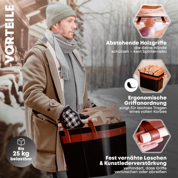 OAKAGE® LuxeLeather Holzkorb Veganes Leder - mit ausreißsicheren Holzgriffen - 50x40x35cm
