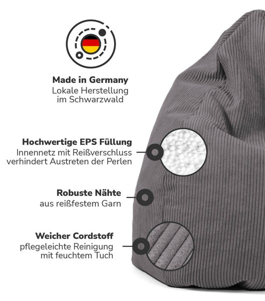 mokebo Sitzsack Cord mit Hocker 'Der Tagträumer', Bean Bag und Pouf mit EPS-Perlen Füllung in Anthrazit