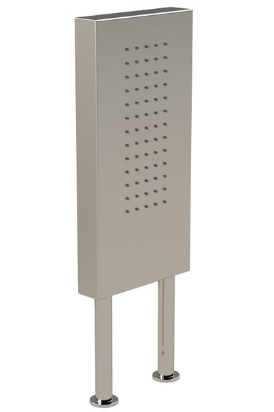 Rechteckiges Seitenbrause-Element aus Metall mit integrierten Düsen und zwei zylindrischen Standrohren.