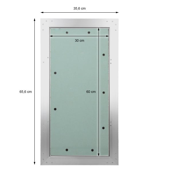 Revisionsklappe mit Aluminiumrahmen und Gipskartoneinlage, Außenmaß 35,6 mal 65,6 Zentimeter, Innenmaß 30 mal 60 Zentimeter.
