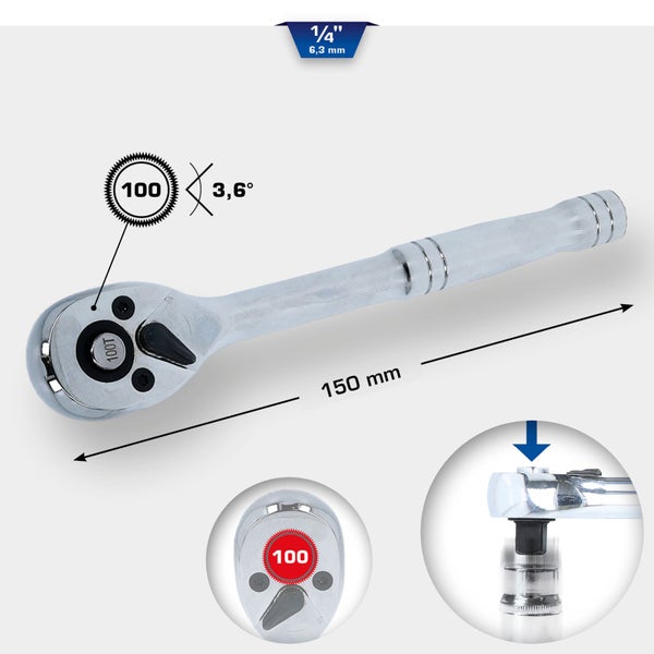 BRILLIANT TOOLS 1/4 Umschaltknarre mit Metallgriff 100 Zahn - BT020995