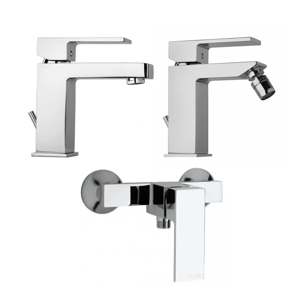Dreiteiliges Armaturen-Set bestehend aus Waschtischarmatur, Bidetarmatur und Brausearmatur in Chrom.