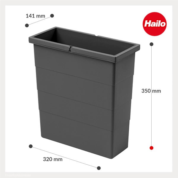 Grauer rechteckiger Hailo Mülleimer Einsatz, 320 Millimeter mal 141 Millimeter mal 350 Millimeter und Hailo Logo.