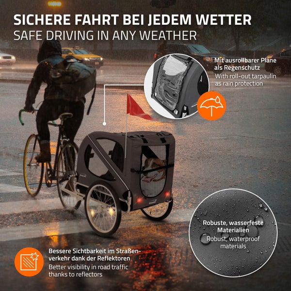Fahrradanhänger für Hunde mit wasserdichtem Material und ausrollbarer Plane für sichere Fahrten bei jedem Wetter