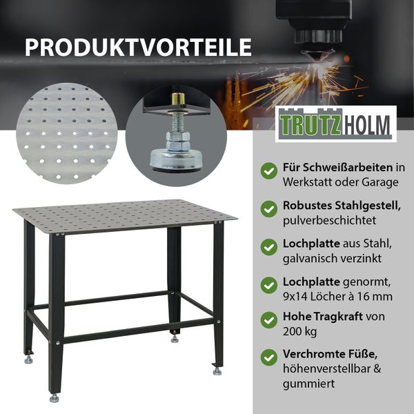 TrutzHolm Schweißtisch mit Lochplatte aus Stahl und pulverbeschichtetem Stahlgestell