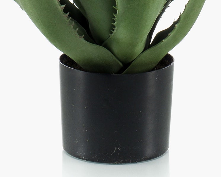Künstliche Agave in schwarzem Kunststofftopf mit gezackten grünen Blättern.