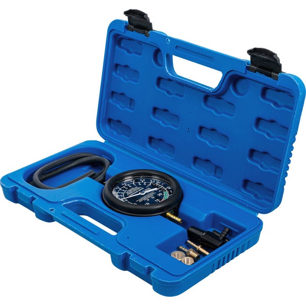 Vakuumtester-Set im blauen Kunststoffkoffer mit Manometer, Schlauch und Adaptern