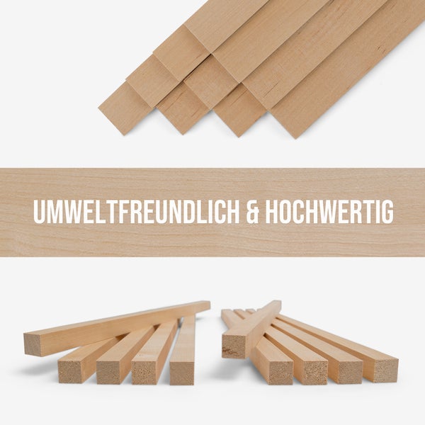 Hochwertige und umweltfreundliche Holzleisten aus hellem Holz für Bastelprojekte und Konstruktionen.