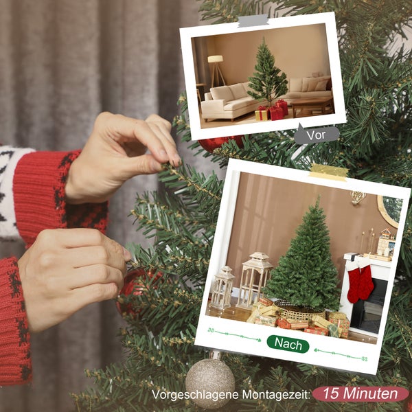 Hände richten Zweige eines künstlichen Weihnachtsbaums aus. Vorher-Nachher-Vergleich des Aufbaus. Montagezeit circa 15 Minuten.