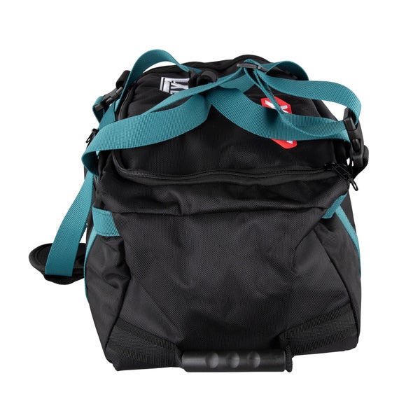 Werkzeugtasche aus schwarzem Textil mit türkisfarbenen Tragegurten, Reißverschluss und Kunststoffgriff.