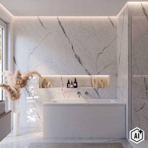 Modernes Badezimmer mit weißer Badewanne, Marmorfliesen an Wand und Boden sowie einer beleuchteten Wandnische mit Dekoration und Pflegeprodukten.