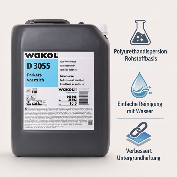 WAKOL D 3055 Parkettvorstrich im 10 Kilogramm Kanister, Polyurethandispersion zur Grundierung von saugfähigen Untergründen vor dem Parkettverlegen.