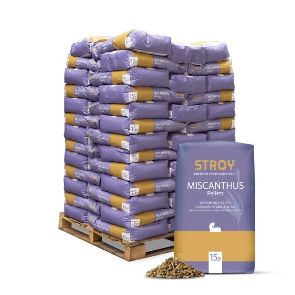 Stroy Miscanthus Pellets Einstreu auf Palette, 15 Kilogramm Sack mit Elefantengras zur Verwendung als Tierstreu für Pferde.