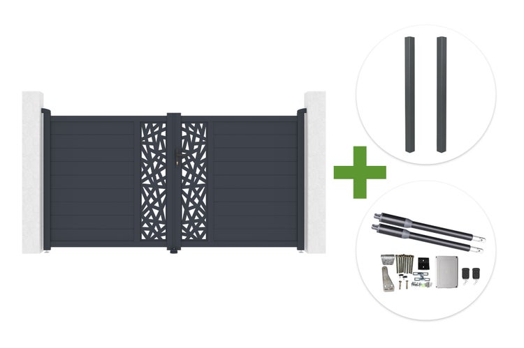 Doppelflügeltor mit dekorativem Design, zwei Pfosten und elektrischem Torantrieb mit Fernbedienung und Montagematerial.