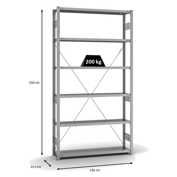 PROREGAL Fachbodenregal Stecksystem T-Profil Medium-Duty Grundregal HxBxT 250 x 130 x 30 cm 6 Ebenen Fachlast 200 kg Einseitig Nutzbar Verzinkt