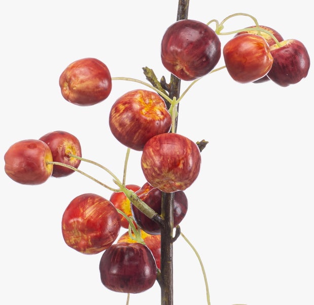 Dekorativer künstlicher Zweig mit kleinen rot marmorierten Äpfeln.