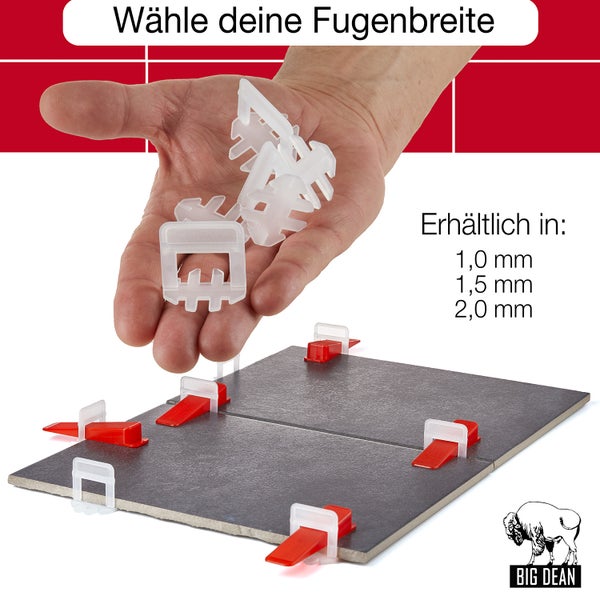BigDean 3000 Laschen 2mm, 500 Keile & 1 Zange - Fliesen Nivelliersystem - Frei wählbar - Riesen Auswahl an Fliesenkeilen & Zuglaschen - Verlegehilfe Fliesenleger Set - Made in Europe