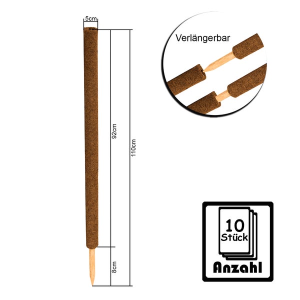 BigDean 10er Set Pflanzstäbe Kokos 110 cm - Monstera Rankhilfe Rankstäbe Stab Moosstäbe Pflanzenstäbe Kokosstäbe für Pflanzen - aus natürlicher Kokosfaser - verlängerbar