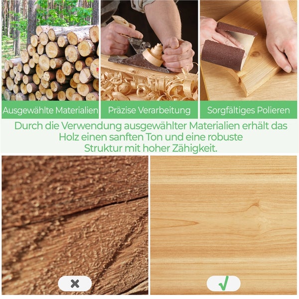 Bildmontage zur Holzbearbeitung: Holzauswahl, Verarbeitung mit Hobel, Polieren und Holzstrukturvergleich