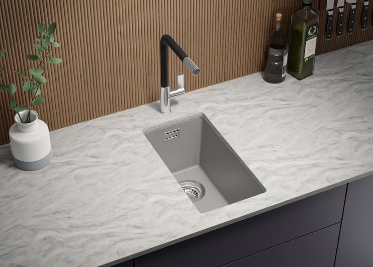 PRIMAGRAN Unterbauspüle Granit Grau 26x47cm, Spülbecken 1 Becken + Ablauf-Set, Granitspüle ab 30er Unterschrank - London