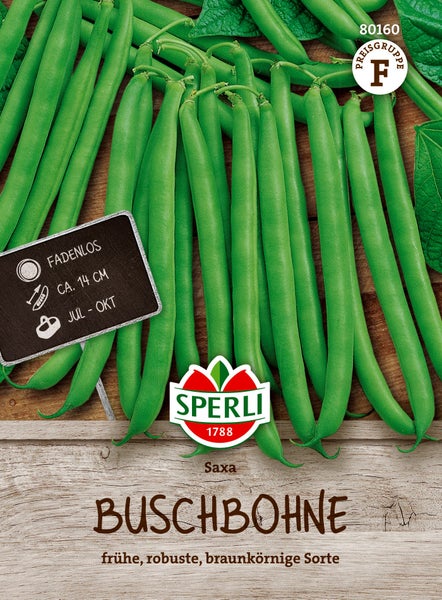 Sperli Saatgut Buschbohne Saxa für fadenlose Bohnen mit etwa 14 Zentimeter Länge und Erntezeit von Juli bis Oktober.