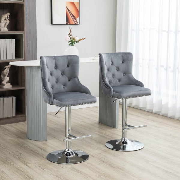 HOMCOM 2er Set Barhocker Barstühle Drehstühle mit Fußstütze, höhenverstellbare Wohnzimmerstühle mit Samt-Optik, für Bartheke, Küche, Hellgrau, 46 x 55 x 102-123 cm