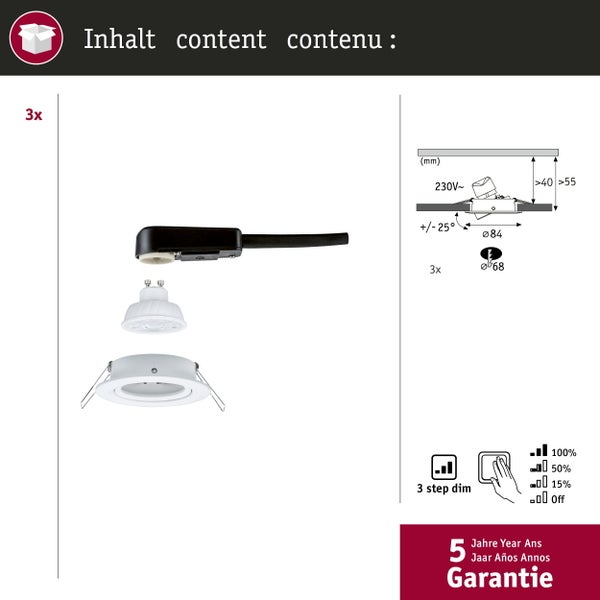 3er-Set LED-Einbaustrahler mit Fassung, Leuchtmittel und Einbauring. 3-Stufen-Dimmfunktion, 230 Volt, schwenkbar plus minus 25 Grad, 5 Jahre Garantie.