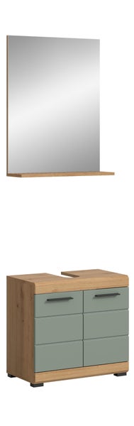 Badezimmer-Set bestehend aus einem Spiegel mit Holzregal und einem Waschbeckenunterschrank mit sechs salbeigrünen Schubladen in Holzoptik.