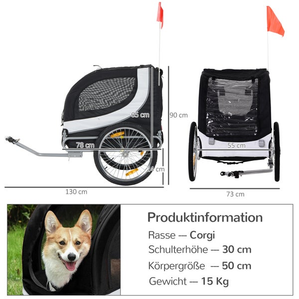 PawHut Fahrradanhänger, L130 x B73 x H90 cm, 600D Oxford, Stahlrohr, Weiß+Schwarz