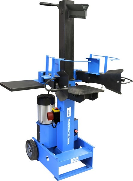 Blauer Güde Brennholzspalter, vertikaler Holzspalter mit Elektroantrieb und Transporträdern.