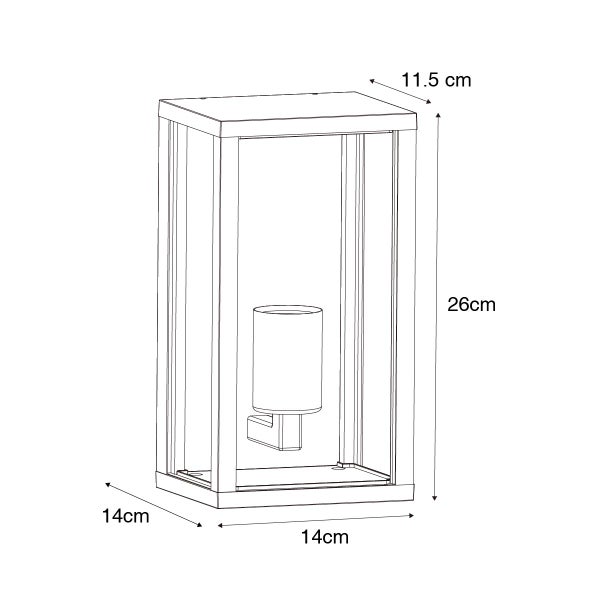 Maßzeichnung einer rechteckigen Außenwandleuchte, Höhe 26 Zentimeter, Breite 14 Zentimeter, Tiefe 14 Zentimeter.