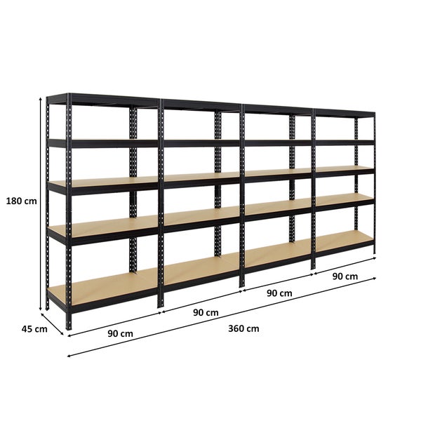 PROREGAL Mega Deal 4x Schwerlastregal Rivet HxBxT 180 x 90 x 45 cm Fachlast 250 kg Schwarz
