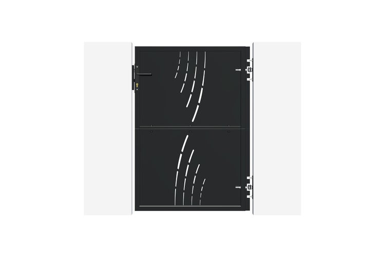 Modernes Gartentor aus Metall in Schwarz mit dekorativen Ausstanzungen, inklusive Griff und Schloss.