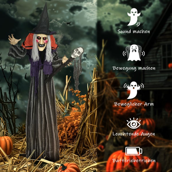 Animierte Halloween Hexe mit Sound, Bewegung, beweglichem Arm und leuchtenden Augen, batteriebetrieben