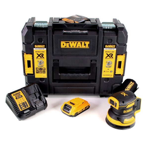 DeWalt Akku-Exzenterschleifer Set inklusive 18 Volt Lithium-Ionen Akku, Ladegerät und TSTAK Werkzeugkoffer.