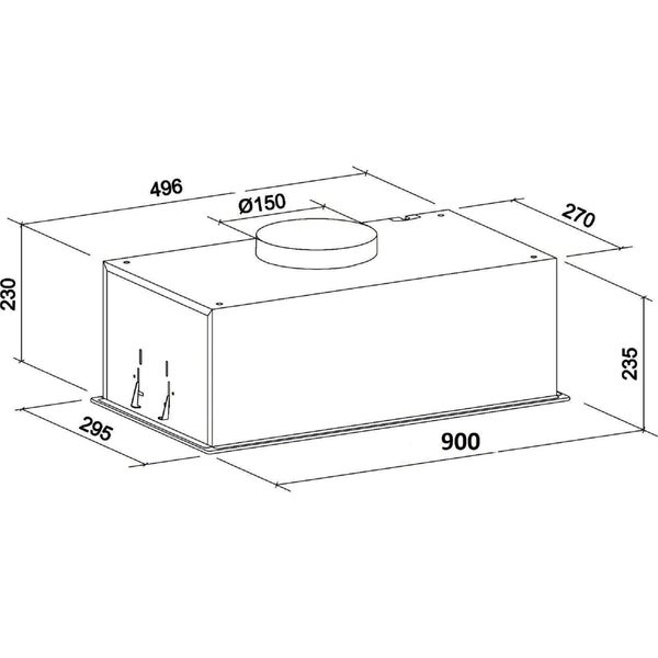 Technische Zeichnung einer Dunstabzugshaube mit Maßangaben in Millimetern: Breite 900, Tiefe 295 und Höhe 235.